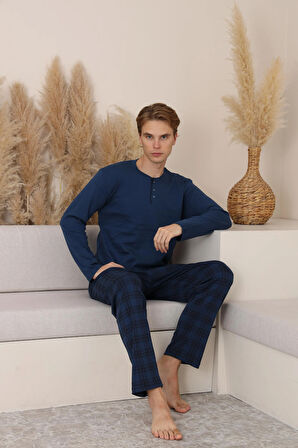 Erkek İnterlok Rahat Kalıp Sıfır Yaka Yüksek Kalite Pamuk Pijama Takımı 16675