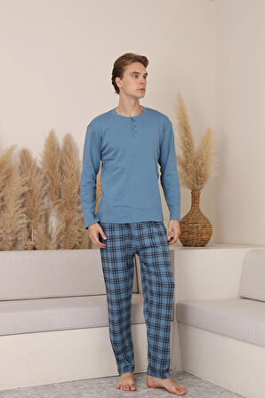 Erkek İnterlok Rahat Kalıp Sıfır Yaka Yüksek Kalite Pamuk Pijama Takımı 16675