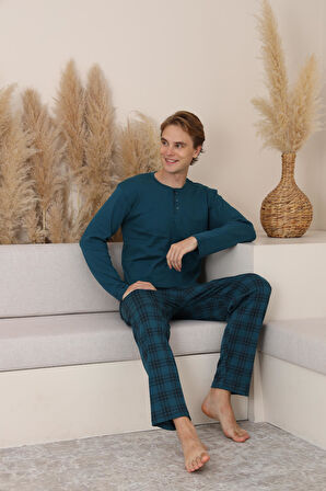 Erkek İnterlok Rahat Kalıp Sıfır Yaka Yüksek Kalite Pamuk Pijama Takımı 16675