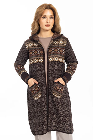 Yeni Model Etnik Desen Kapşüşonlu ve Fermuarlı Kadın Hırka 2308