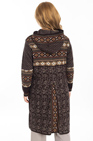Yeni Model Etnik Desen Kapşüşonlu ve Fermuarlı Kadın Hırka 2308