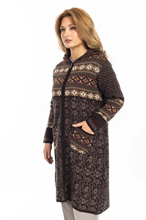 Yeni Model Etnik Desen Kapşüşonlu ve Fermuarlı Kadın Hırka 2308