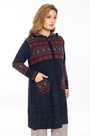 Yeni Model Etnik Desen Kapşüşonlu ve Fermuarlı Kadın Hırka 2308