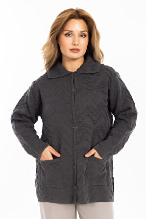 Yeni Sezon Kadın Triko Örgü Sıkı Dokuma Düğmeli Gömlek Yaka Anne Kışlık Hırka 30220-Füme