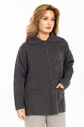 Yeni Sezon Kadın Triko Örgü Sıkı Dokuma Düğmeli Gömlek Yaka Anne Kışlık Hırka 30220-Füme