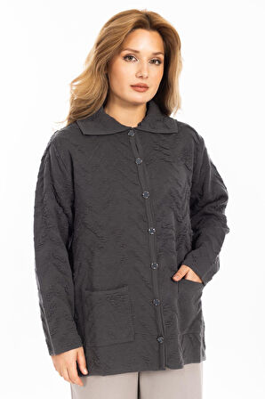 Yeni Sezon Kadın Triko Örgü Sıkı Dokuma Düğmeli Gömlek Yaka Anne Kışlık Hırka 30220-Füme