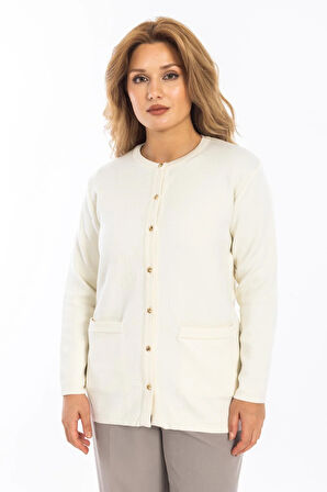 Yeni Model Kadın Triko Örgü Düğmeli Yumuşak Doku Kadın Kışlık Hırka 30270-Beyaz