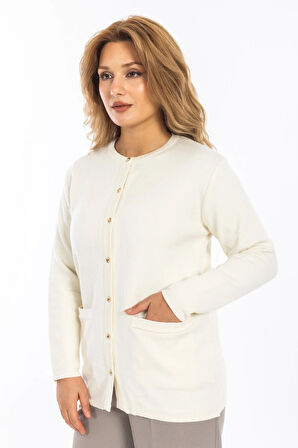 Yeni Model Kadın Triko Örgü Düğmeli Yumuşak Doku Kadın Kışlık Hırka 30270-Beyaz