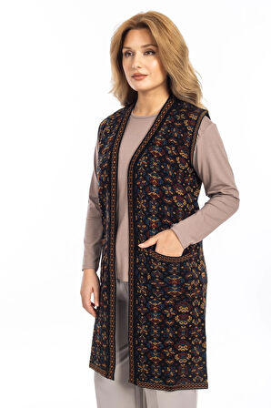 Klasik Kadın Etnik Model Triko Örgü Uzun Anne Yelek 1070