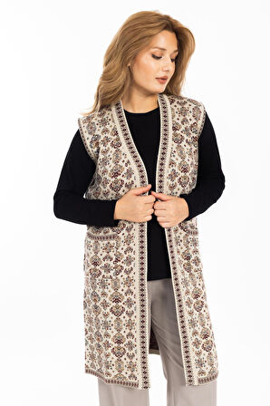 Klasik Kadın Etnik Model Triko Örgü Uzun Anne Yelek 1070