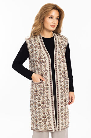 Klasik Kadın Etnik Model Triko Örgü Uzun Anne Yelek 1070