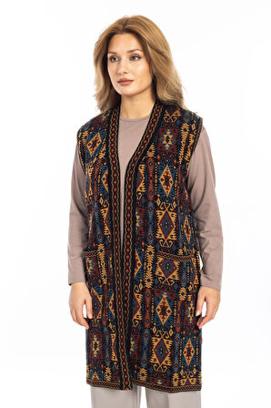 Kadın Klasik Etnik Desen Triko Örgü Kilim Anne Yelek 1052 Uzun