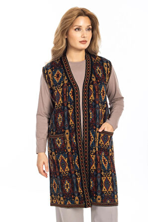 Kadın Klasik Etnik Desen Triko Örgü Kilim Anne Yelek 1052 Uzun