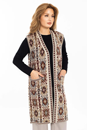 Kadın Klasik Etnik Desen Triko Örgü Kilim Anne Yelek 1052 Uzun