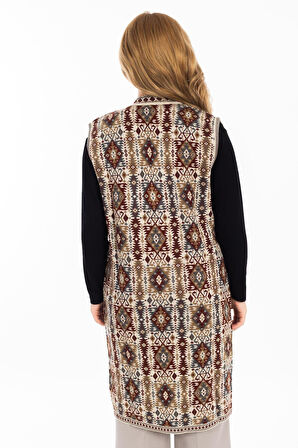 Kadın Klasik Etnik Desen Triko Örgü Kilim Anne Yelek 1052 Uzun