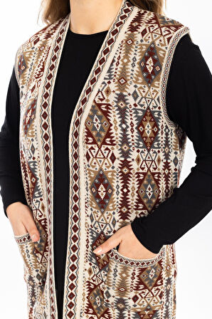 Kadın Klasik Etnik Desen Triko Örgü Kilim Anne Yelek 1052 Uzun