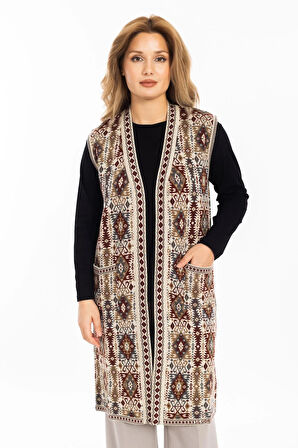 Kadın Klasik Etnik Desen Triko Örgü Kilim Anne Yelek 1052 Uzun