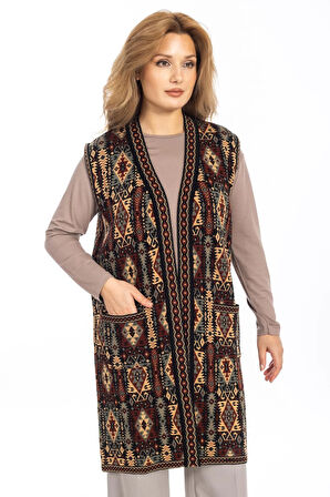 Kadın Klasik Etnik Desen Triko Örgü Kilim Anne Yelek 1052 Uzun