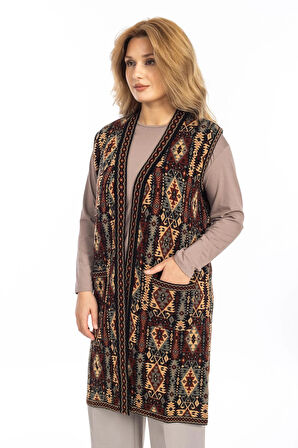 Kadın Klasik Etnik Desen Triko Örgü Kilim Anne Yelek 1052 Uzun