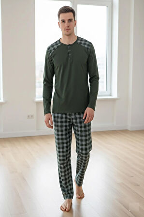 Erkek İnterlok Rahat Kalıp Sıfır Yaka Pamuk Pijama Takımı 6779