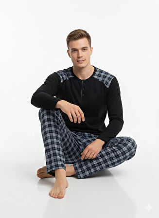 Erkek İnterlok Rahat Kalıp Sıfır Yaka Pamuk Pijama Takımı 6779