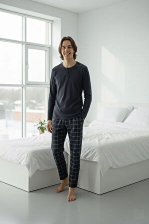 Erkek İnterlok Rahat Kalıp Sıfır Yaka Pamuk Pijama Takımı 6779