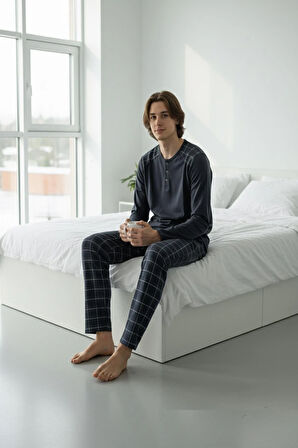 Erkek İnterlok Rahat Kalıp Sıfır Yaka Pamuk Pijama Takımı 6779