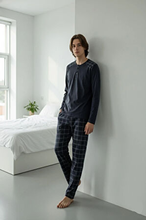 Erkek İnterlok Rahat Kalıp Sıfır Yaka Pamuk Pijama Takımı 6779