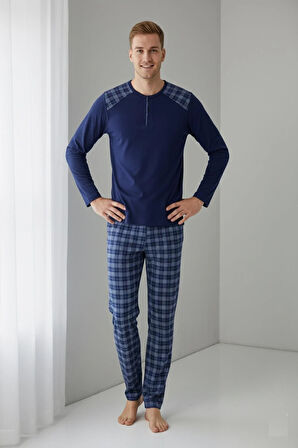 Erkek İnterlok Rahat Kalıp Sıfır Yaka Pamuk Pijama Takımı 6779