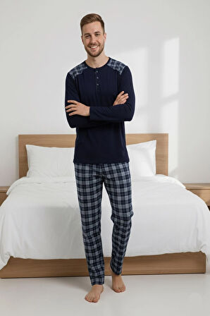 Erkek İnterlok Rahat Kalıp Sıfır Yaka Pamuk Pijama Takımı 6779