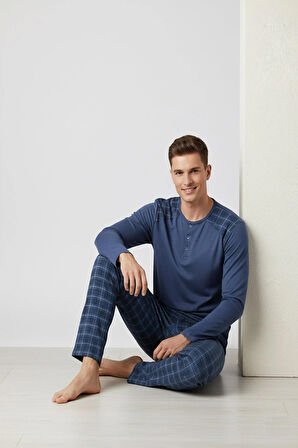 Erkek İnterlok Rahat Kalıp Sıfır Yaka Pamuk Pijama Takımı 6779