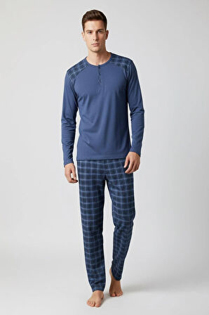 Erkek İnterlok Rahat Kalıp Sıfır Yaka Pamuk Pijama Takımı 6779