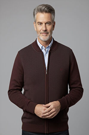 Erkek Orta Yaş ve Üzeri Triko Örgü Akrilik Fermuarlı Kışlık Baba Hırka 2062-Bordo