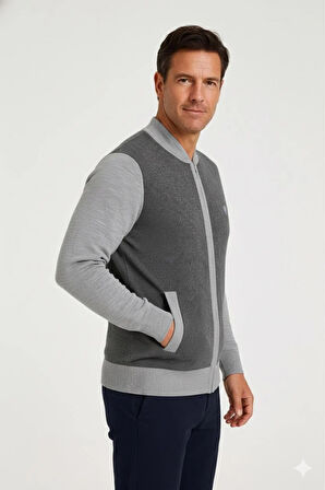 Erkek Orta Yaş ve Üzeri Triko Örgü Akrilik Fermuarlı Kışlık Baba Hırka 2062 Açık Gri