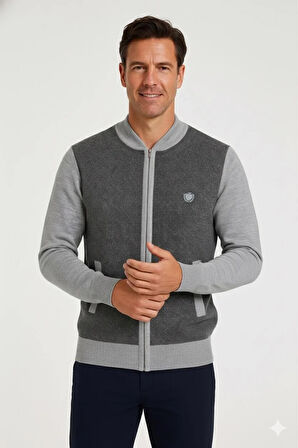 Erkek Orta Yaş ve Üzeri Triko Örgü Akrilik Fermuarlı Kışlık Baba Hırka 2062 Açık Gri