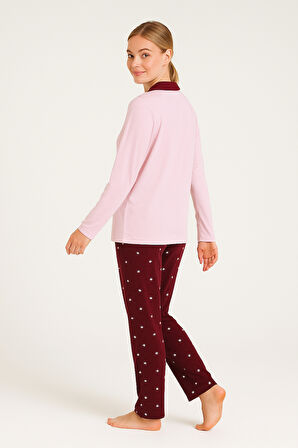 Kadın Milan Kumaş Rahat Kalıp Düğmeli Yumuşacık Pijama Takımı 4982