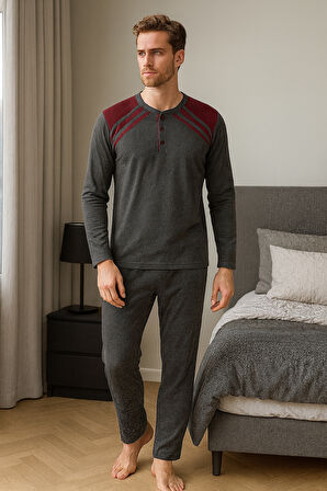 Erkek İnterlok Rahat Kalıp Sıfır Yaka Pamuk Pijama Takımı 6772