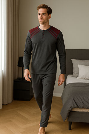 Erkek İnterlok Rahat Kalıp Sıfır Yaka Pamuk Pijama Takımı 6772