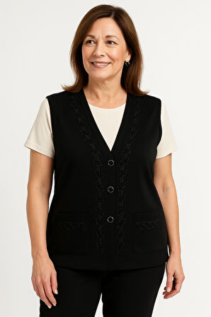 Kadın Orta Yaş ve Üzeri Sıkı Dokuma Taş İşlemeli İnce Anne Triko Yelek 1195