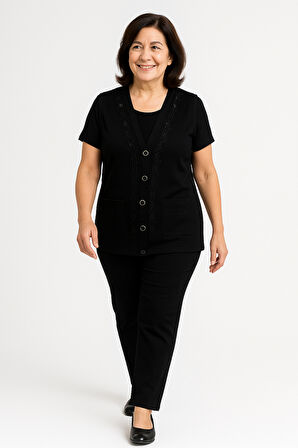 Kadın Orta Yaş ve Üzeri Sıkı Dokuma Taş İşlemeli İnce Anne Triko Yelek 1195