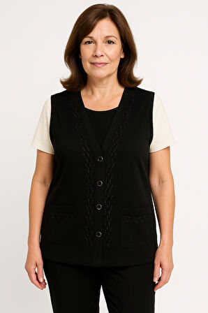 Kadın Orta Yaş ve Üzeri Sıkı Dokuma Taş İşlemeli İnce Anne Triko Yelek 1195