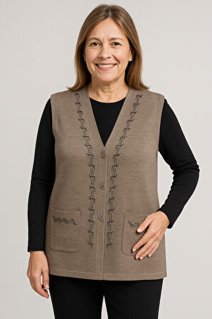 Kadın Orta Yaş ve Üzeri Sıkı Dokuma Taş İşlemeli İnce Anne Triko Yelek 1195