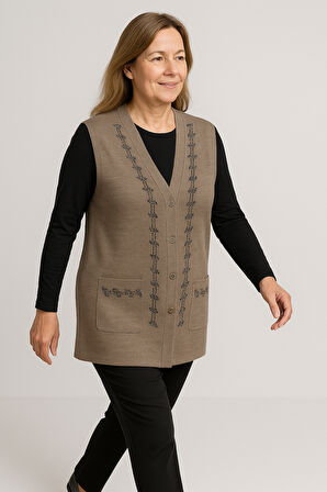Kadın Orta Yaş ve Üzeri Sıkı Dokuma Taş İşlemeli İnce Anne Triko Yelek 1195