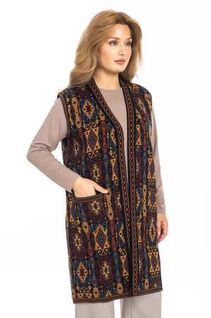 Kadın Klasik Etnik Desen Triko Örgü Kilim Anne Yelek 1052 Uzun