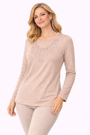 Yeni Model Taş İşlemeli Yuvarlak Yaka Likralı Anne Penye Bluz 6420