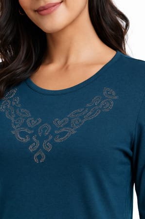 Yeni Desen Taş İşlemeli Yuvarlak Yaka Likralı Anne Penye Bluz 6670