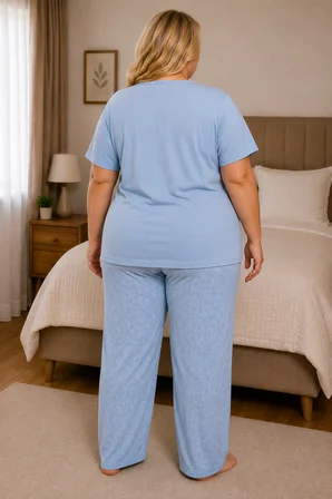 Kadın Orta Yaş ve Üzeri Regular Büyük Beden Esinti Kumaş Anne Pijama Takımı 5021