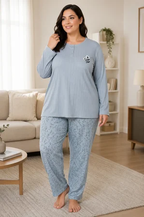 Kadın Orta Yaş ve Üzeri Regular Büyük Beden Esinti Kumaş Anne Pijama Takımı 4575