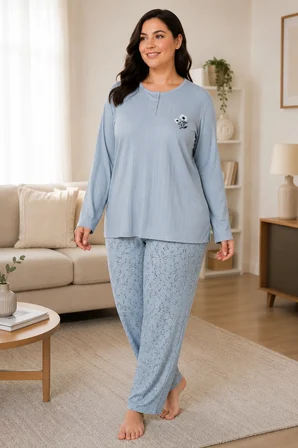 Kadın Orta Yaş ve Üzeri Regular Büyük Beden Esinti Kumaş Anne Pijama Takımı 4575