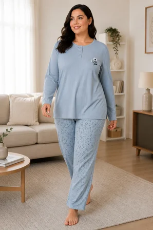 Kadın Orta Yaş ve Üzeri Regular Büyük Beden Esinti Kumaş Anne Pijama Takımı 4575